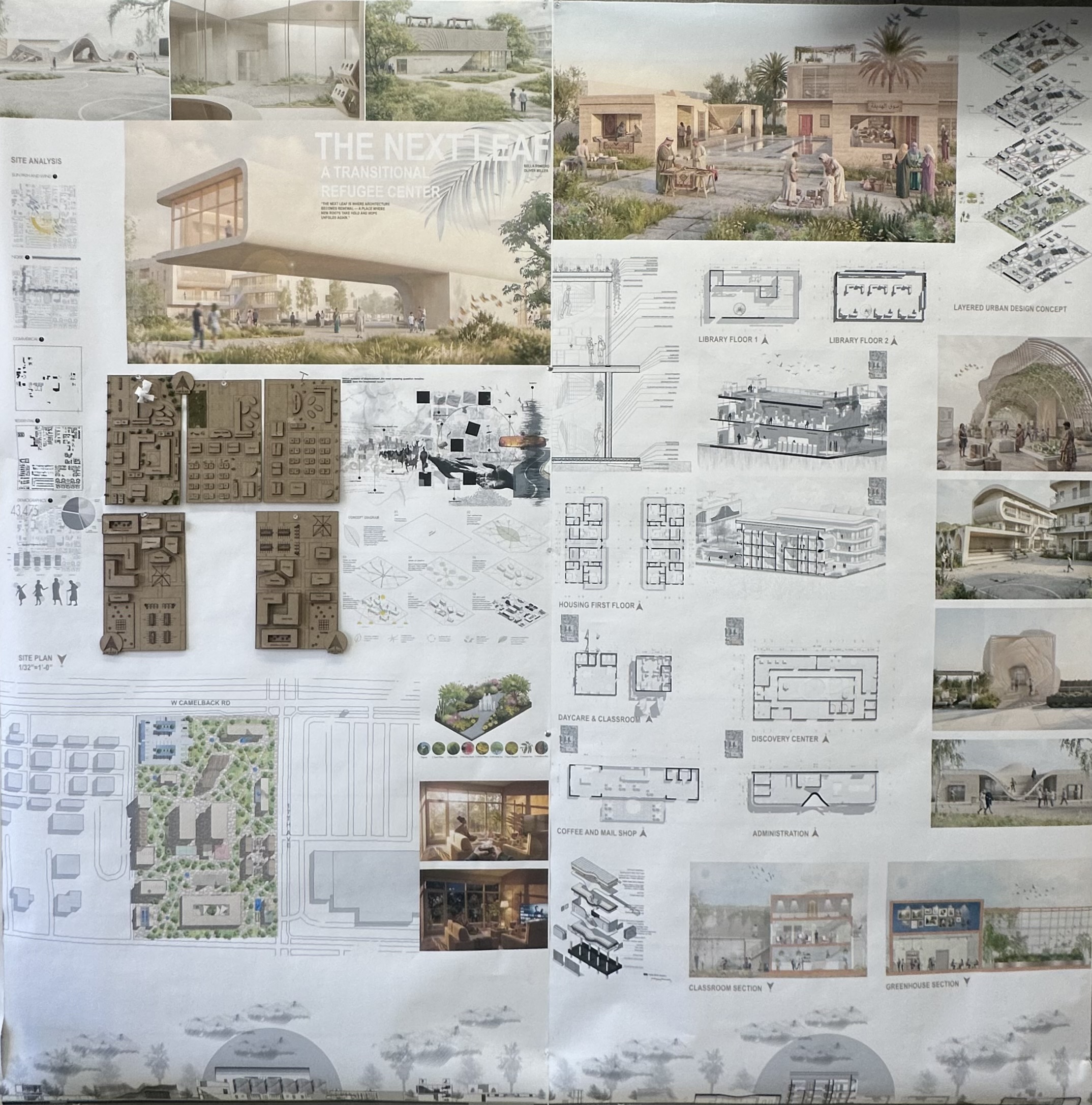 Architecture presentation board with drawings and renderings